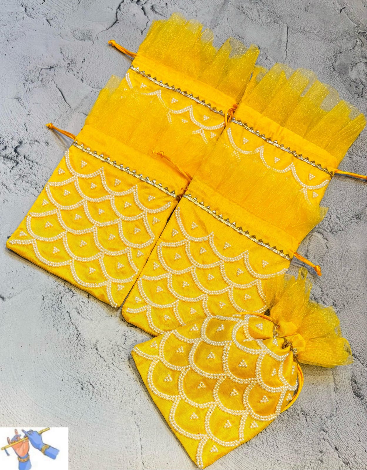 Handmade pearl give away potli with pearl design set of 10 pieces for diwali/return gifts/housewarming, color : yellow